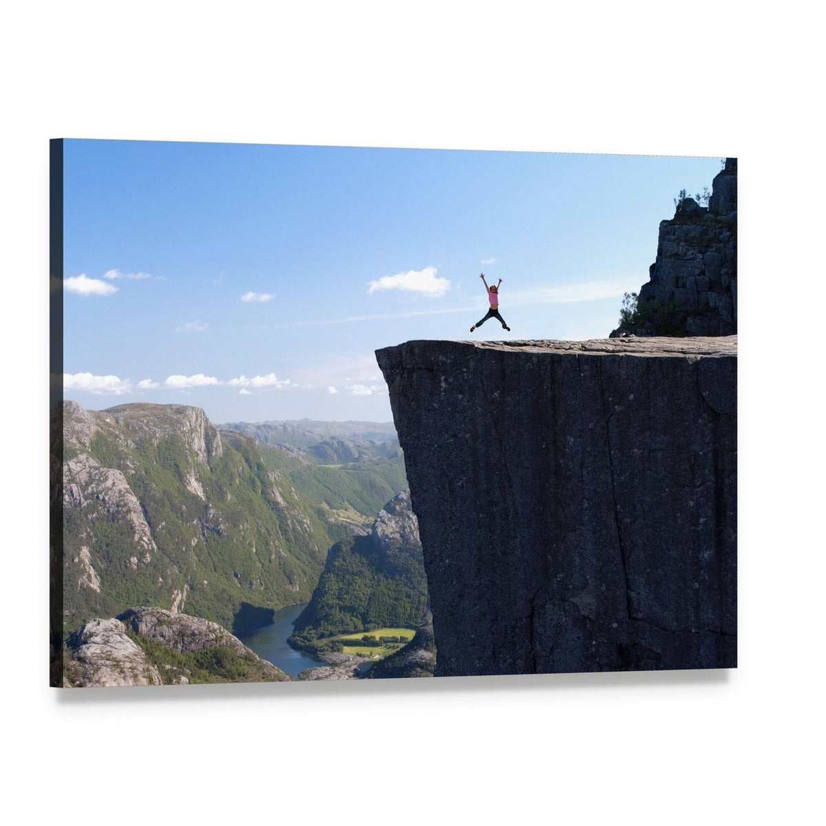 Hiker Jumping at Preikestolen Edge Canvas Wall Art, single panel gallery wrapped canvas, angled product view