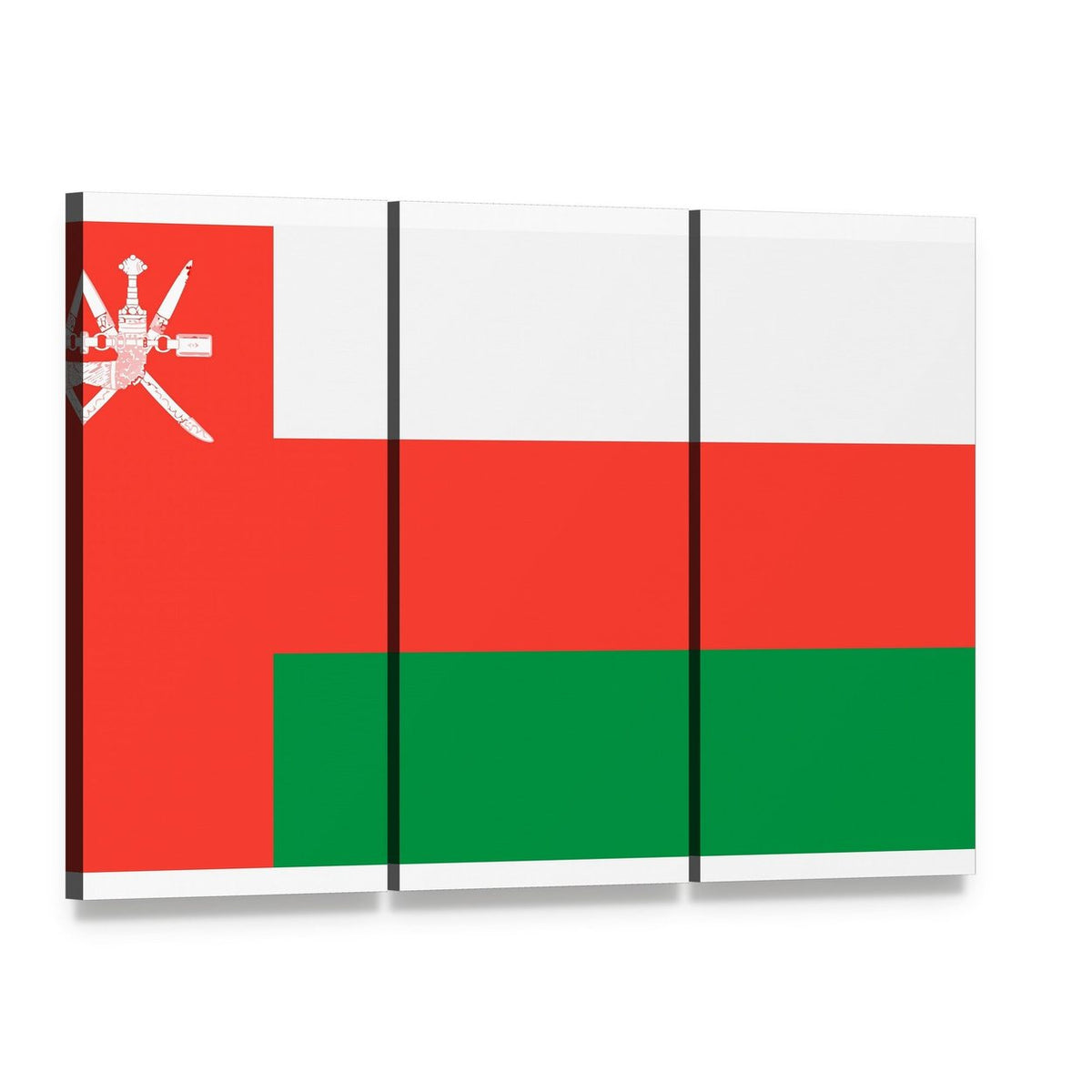 Oman Flag Canvas Wall Art, 3 panel 3 Horizontal layout gallery wrapped canvas set, angled product view