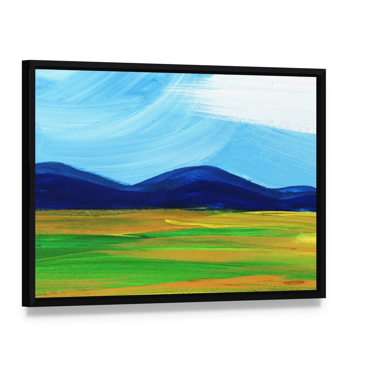 Scenic Mountains Field Artwork Canvas Wall Art, framed canvas in a black floater frame, angled product view