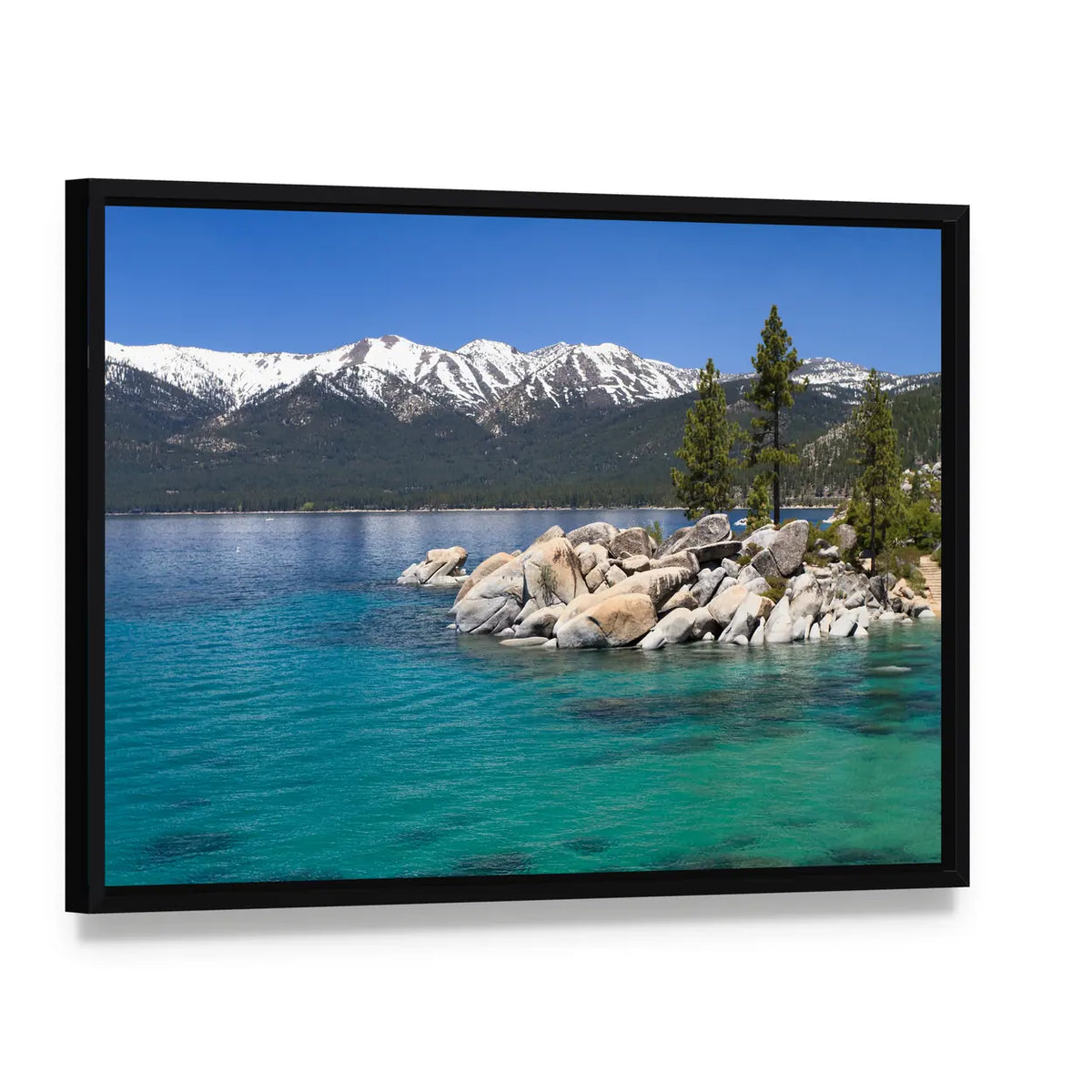 Sand Harbor Lake Tahoe Landscape Canvas Wall Art, framed canvas in a black floater frame, angled product view