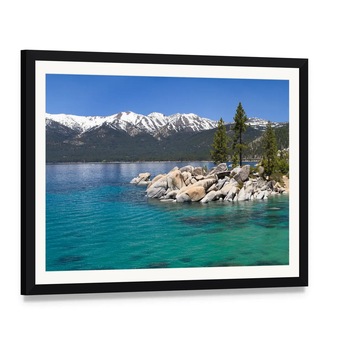 Sand Harbor Lake Tahoe Landscape Canvas Wall Art, framed print with white mat and black frame, angled product view