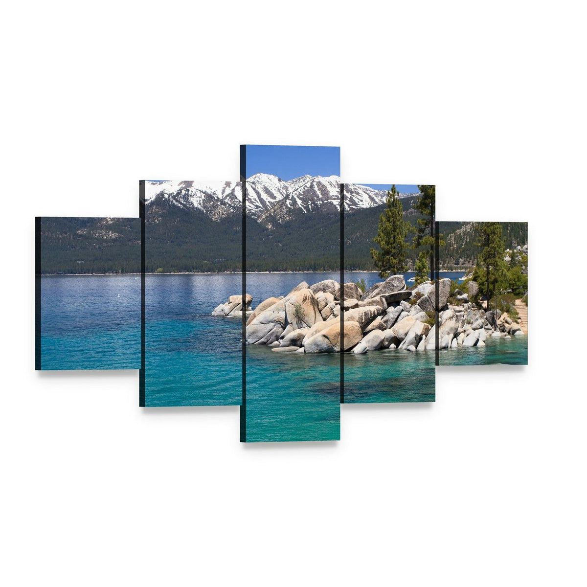 Sand Harbor Lake Tahoe Canvas Wall Art, 5 panel 5 Star layout gallery wrapped canvas set, angled product view