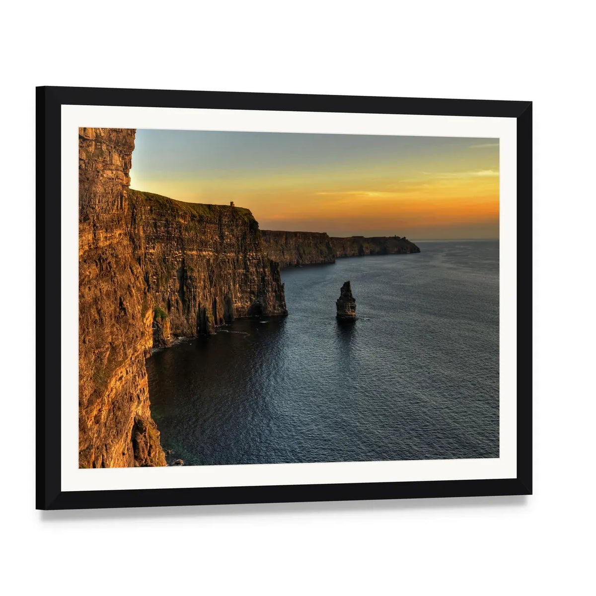 Cliffs of Moher at Sunset with Sea Stack Canvas Wall Art, framed print with white mat and black frame, angled product view