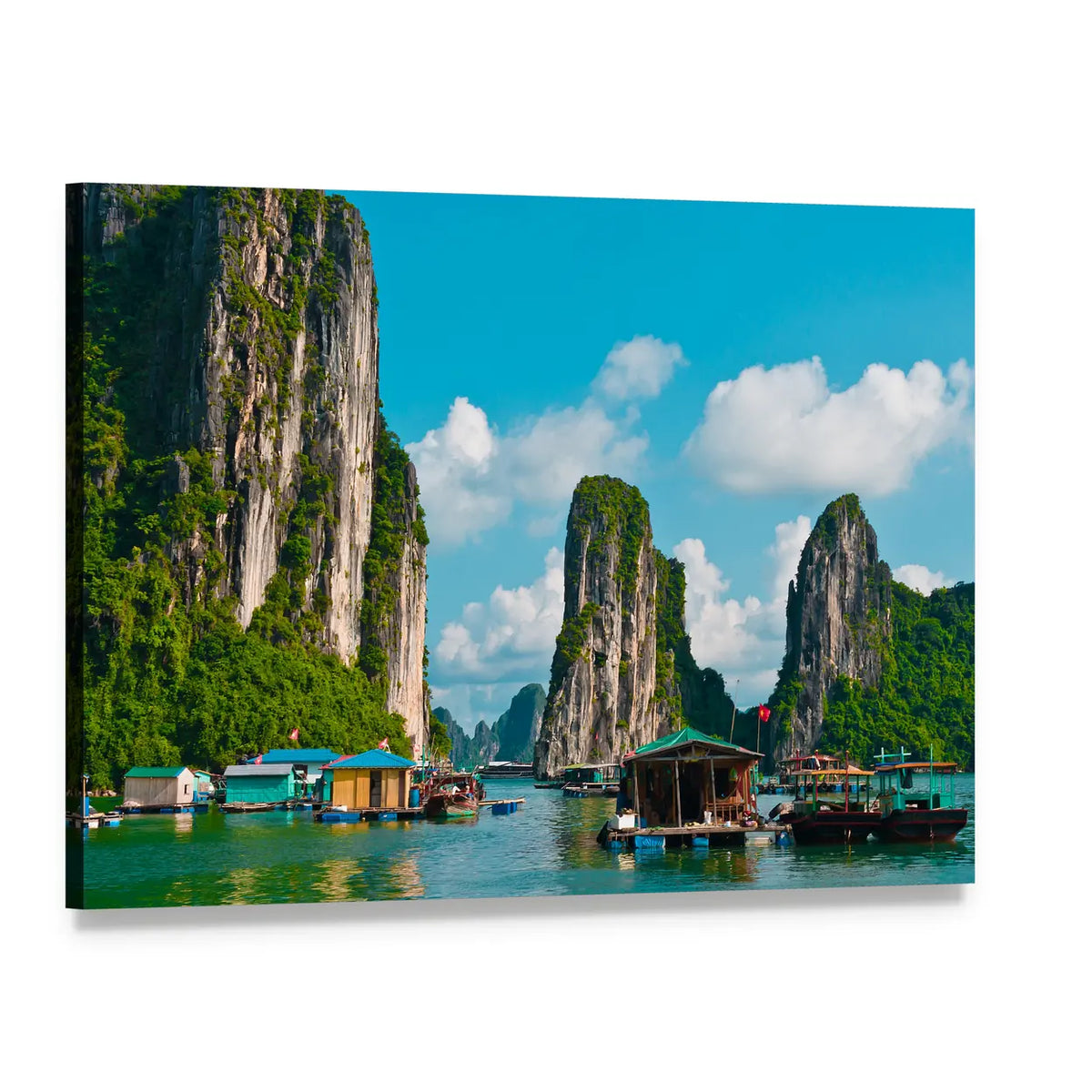 Floating Fishing Village Canvas Wall Art, single panel gallery wrapped canvas, angled product view