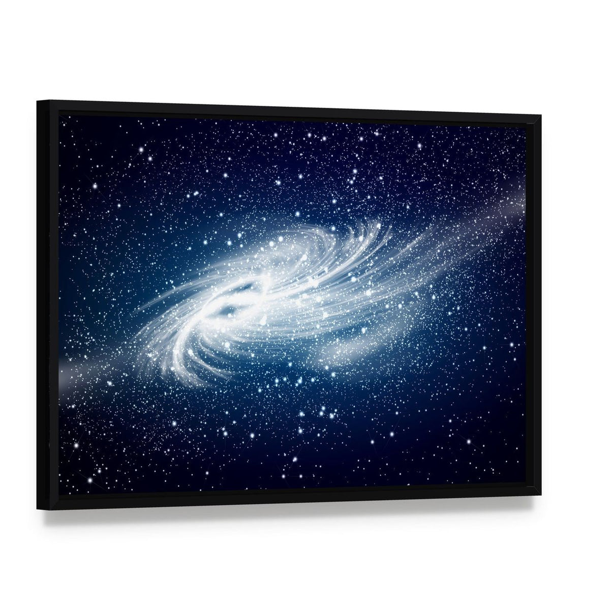 Spiral Galaxy Against Black Space Canvas Wall Art, framed canvas in a black floater frame, angled product view