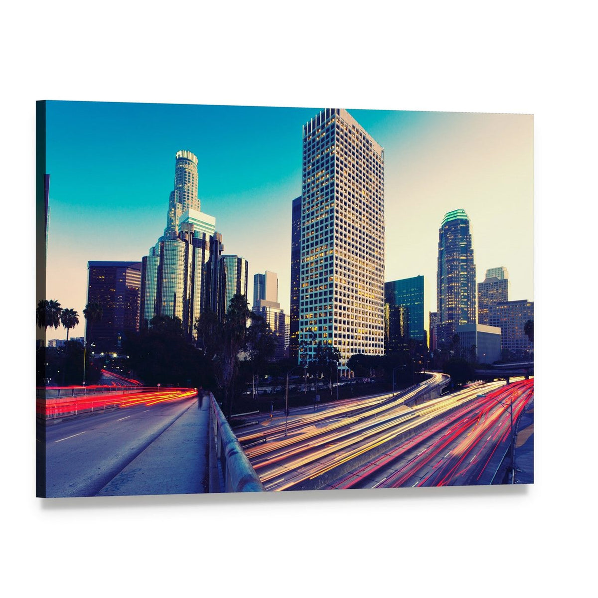 Urban City at Sunset Canvas Wall Art, single panel gallery wrapped canvas, angled product view