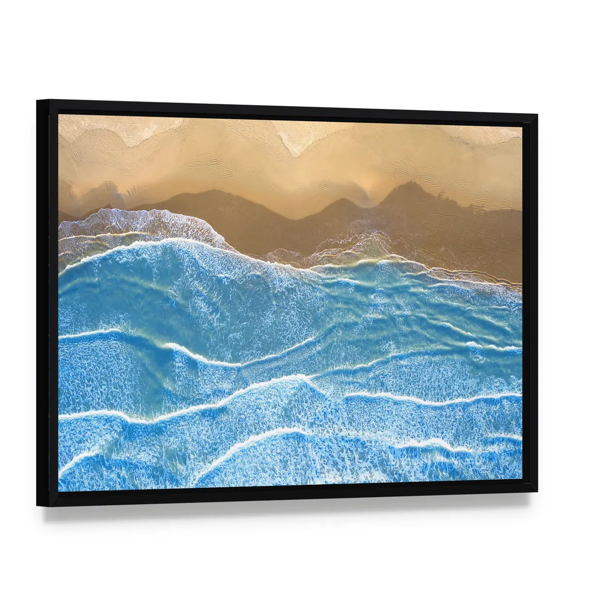 Blue Sea At The Beach Artwork Canvas Wall Art, framed canvas in a black floater frame, angled product view