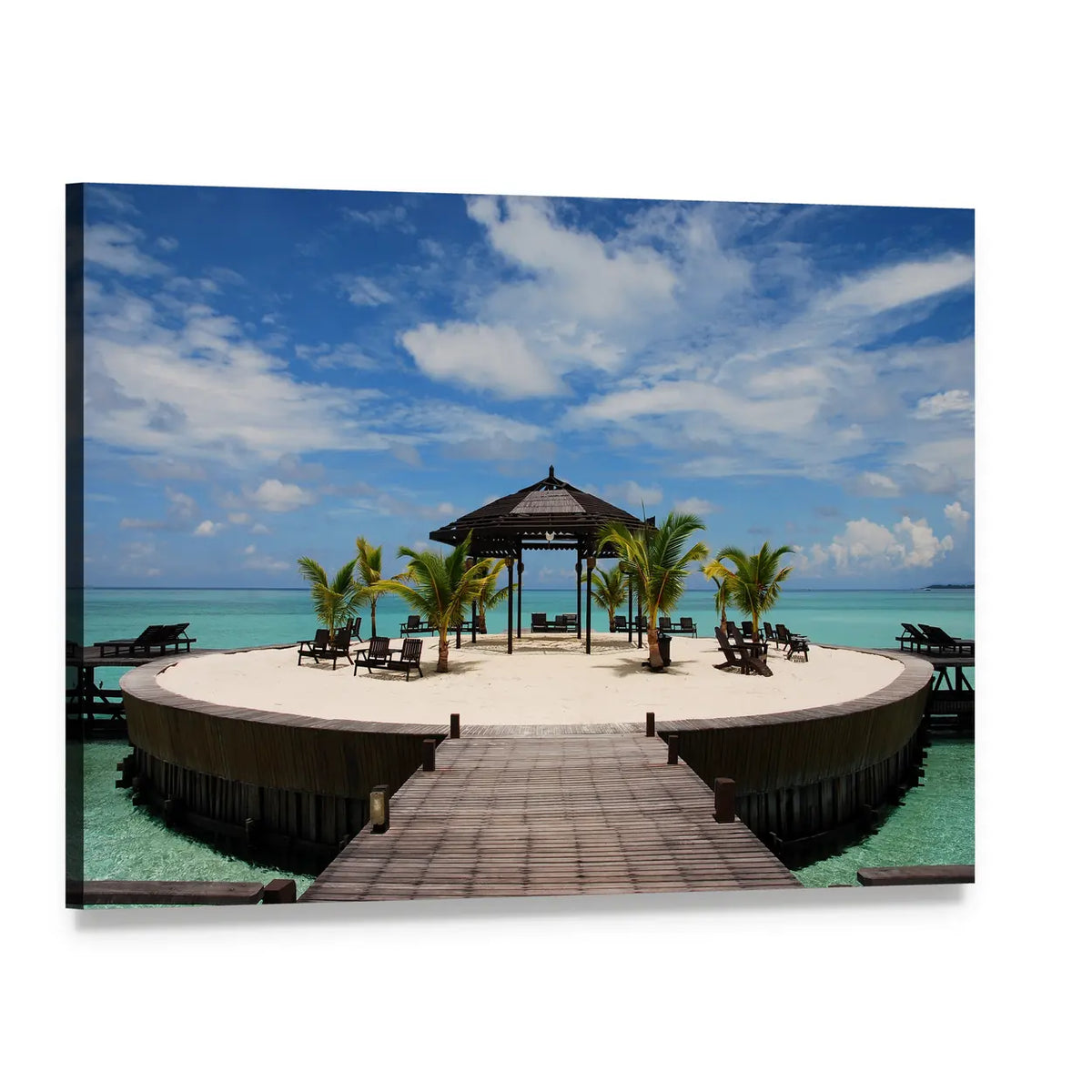 Tropical Island Pier with Gazebo Canvas Wall Art, single panel gallery wrapped canvas, angled product view