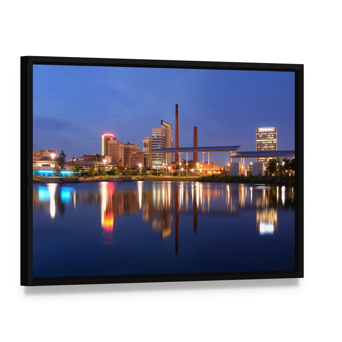 Birmingham Alabama Railroad Park Skyline Canvas Wall Art, framed canvas in a black floater frame, angled product view