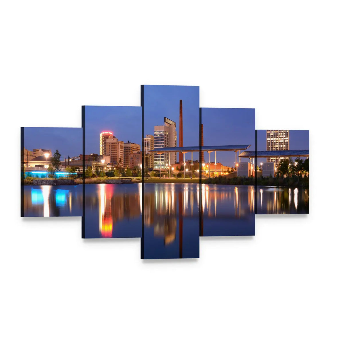 Birmingham Alabama Railroad Park Skyline Canvas Wall Art, 5 panel 5 Star layout gallery wrapped canvas set, angled product view