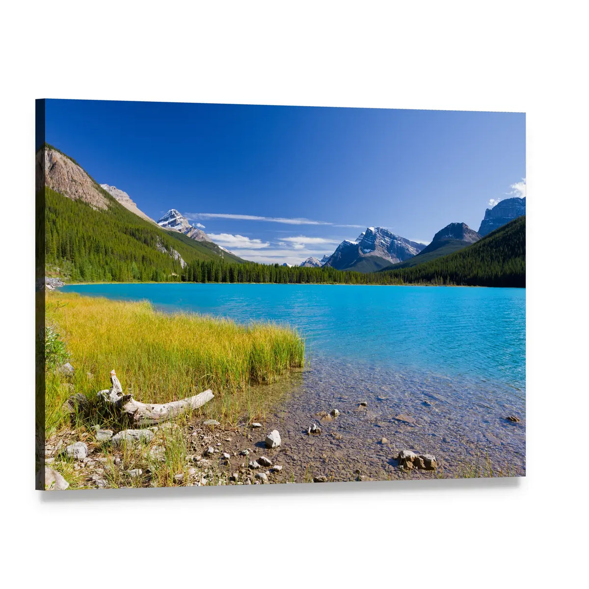 Turquoise Mountain Lake with Driftwood Canvas Wall Art, single panel gallery wrapped canvas, angled product view