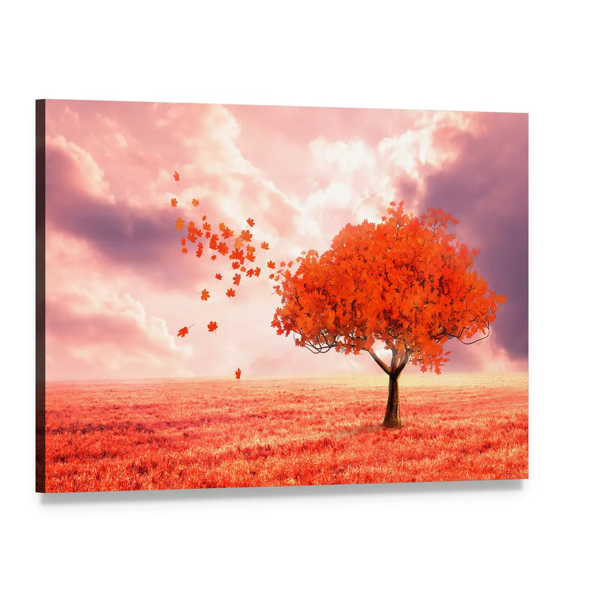 Dreamlike Red Autumn Tree Canvas Wall Art, single panel gallery wrapped canvas, angled product view