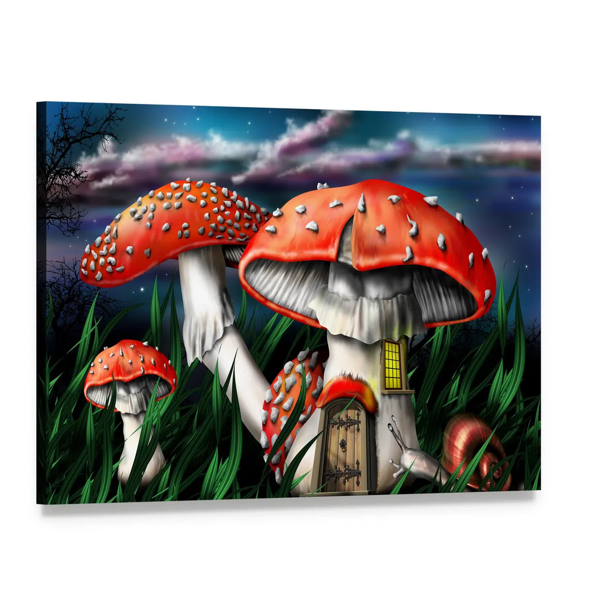 Magical Mushroom Houses in Forest Canvas Wall Art, single panel gallery wrapped canvas, angled product view