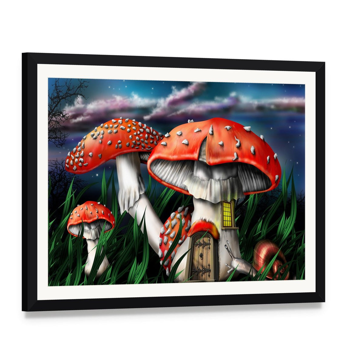 Magical Mushroom House Under Starry Sky Canvas Wall Art, framed print with white mat and black frame, angled product view