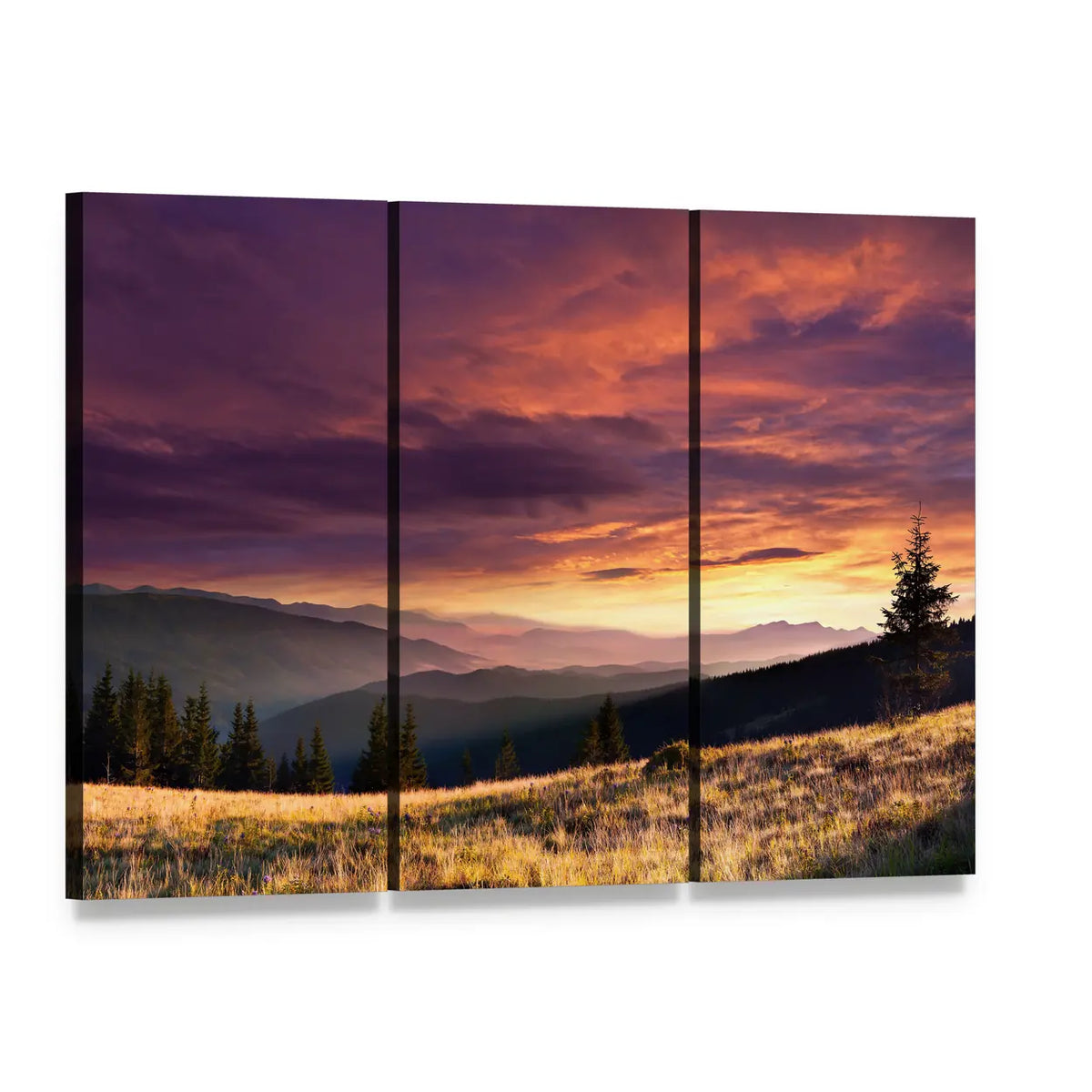 Summer Mountain Landscape at Sunset Canvas Wall Art, 3 panel 3 Horizontal layout gallery wrapped canvas set, angled product view