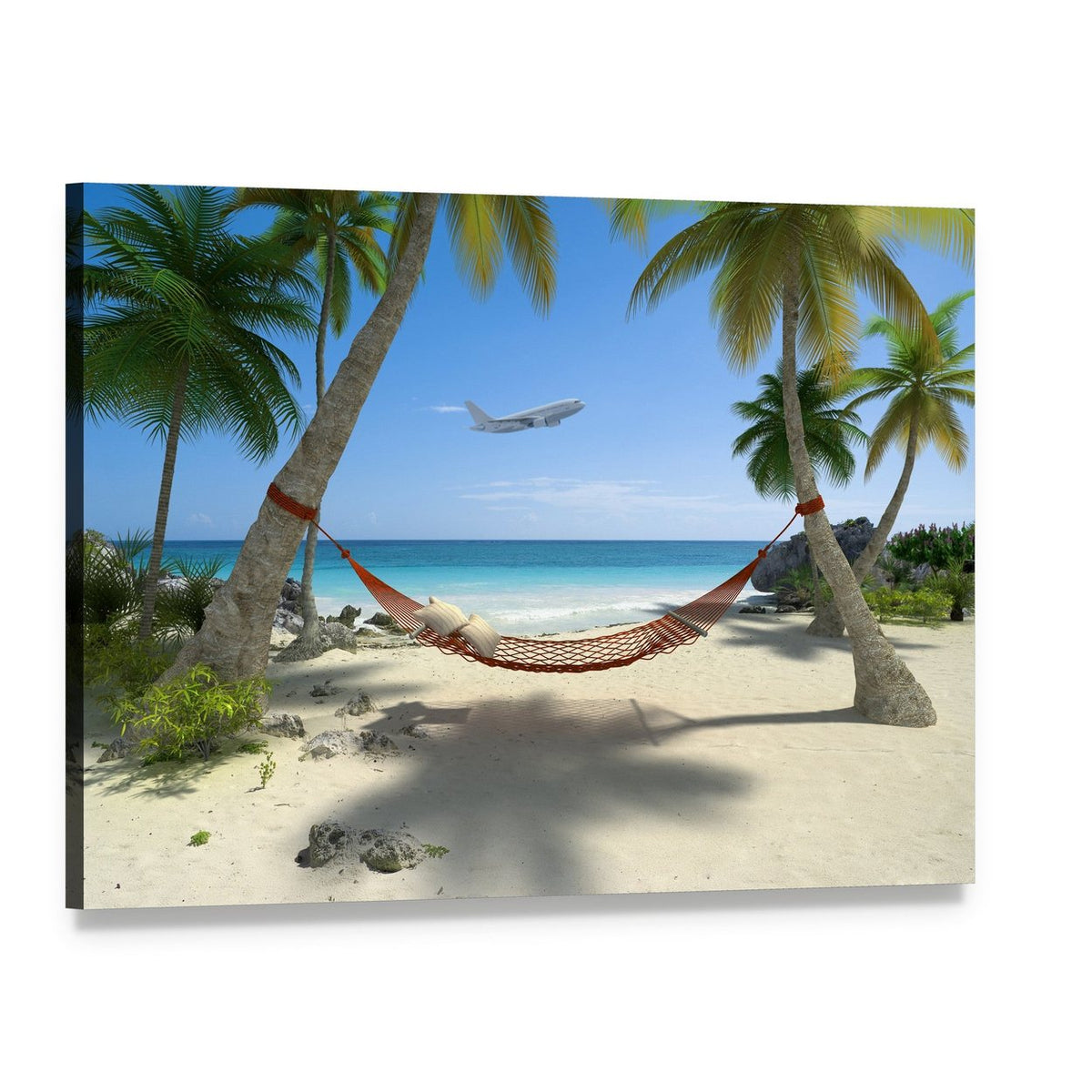 Tropical Beach Hammock Canvas Wall Art, single panel gallery wrapped canvas, angled product view