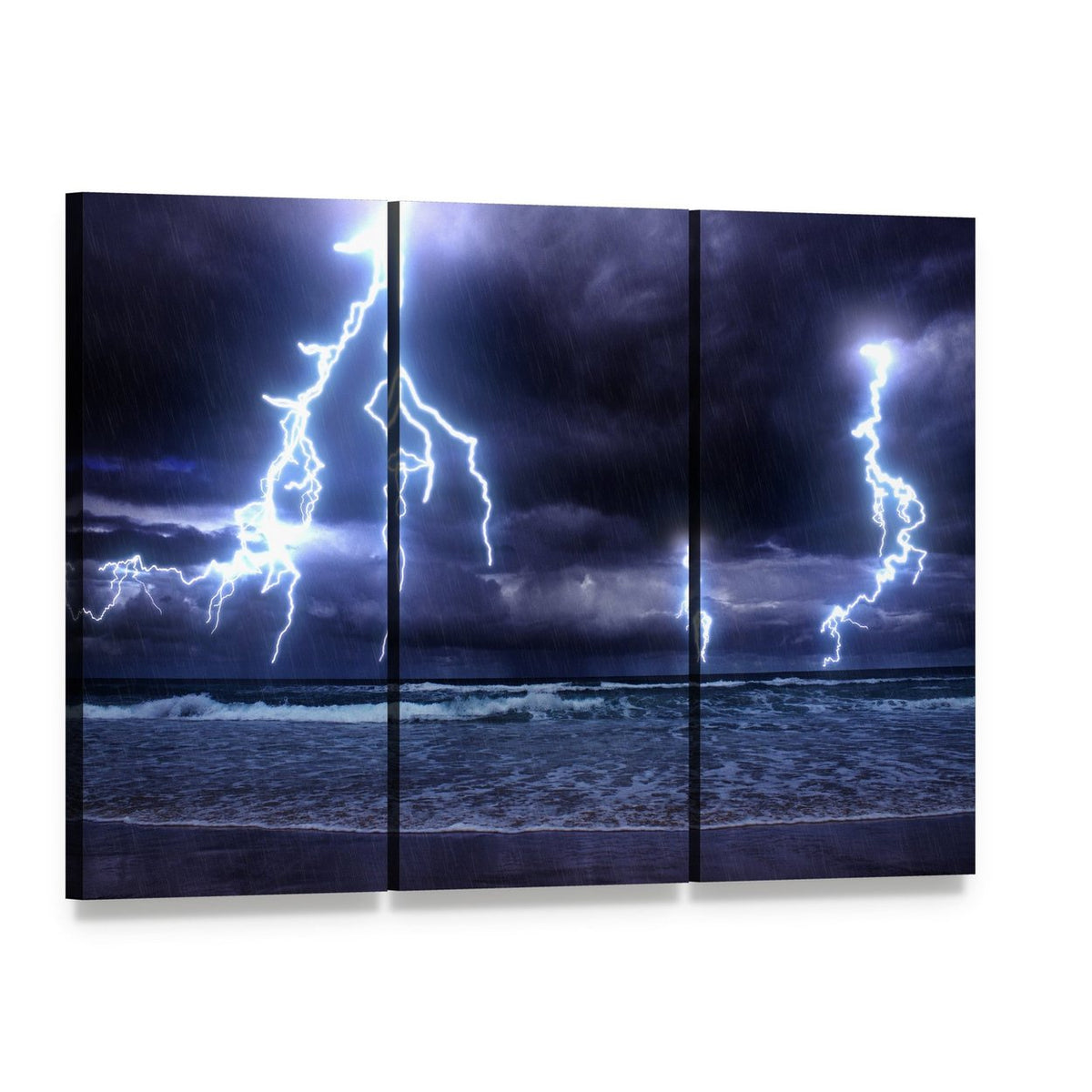 Ocean Storm with Multiple Lightning Strikes Canvas Wall Art, 3 panel 3 Horizontal layout gallery wrapped canvas set, angled product view