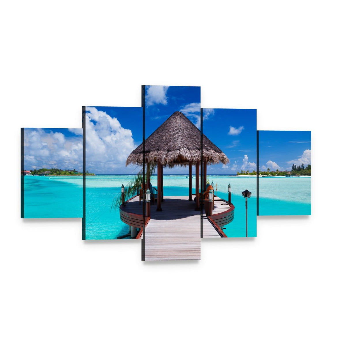 Pier with Ocean and Hut View Canvas Wall Art, 5 panel 5 Star layout gallery wrapped canvas set, angled product view