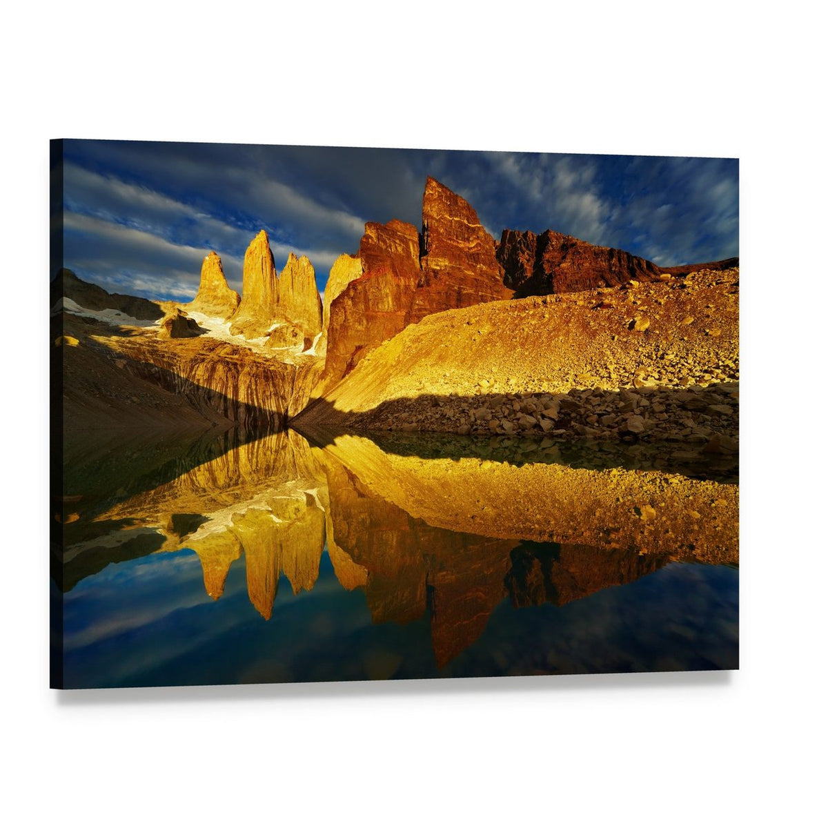 Sunrise Mountain Peaks with Lake Reflection Canvas Wall Art, single panel gallery wrapped canvas, angled product view