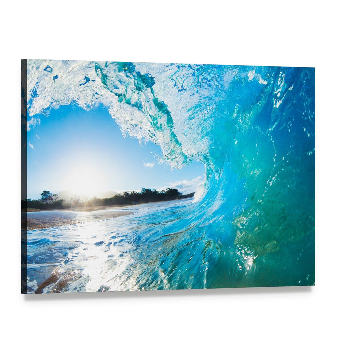 Turquoise Ocean Wave Canvas Wall Art, single panel gallery wrapped canvas, angled product view