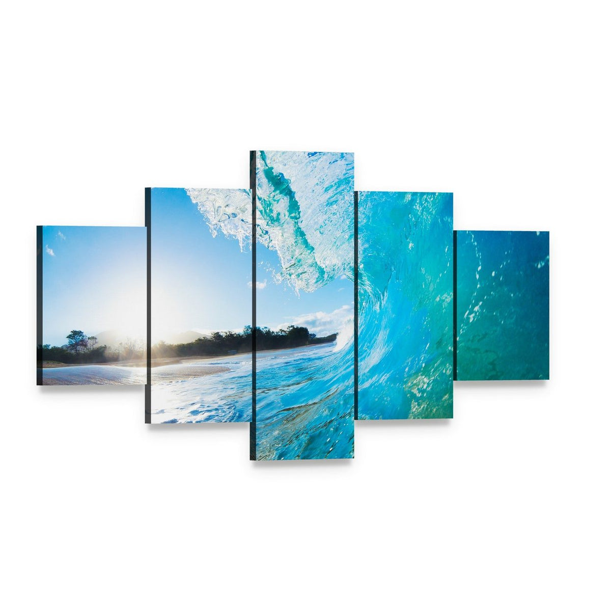 Turquoise Ocean Wave Canvas Wall Art, 5 panel 5 Star layout gallery wrapped canvas set, angled product view