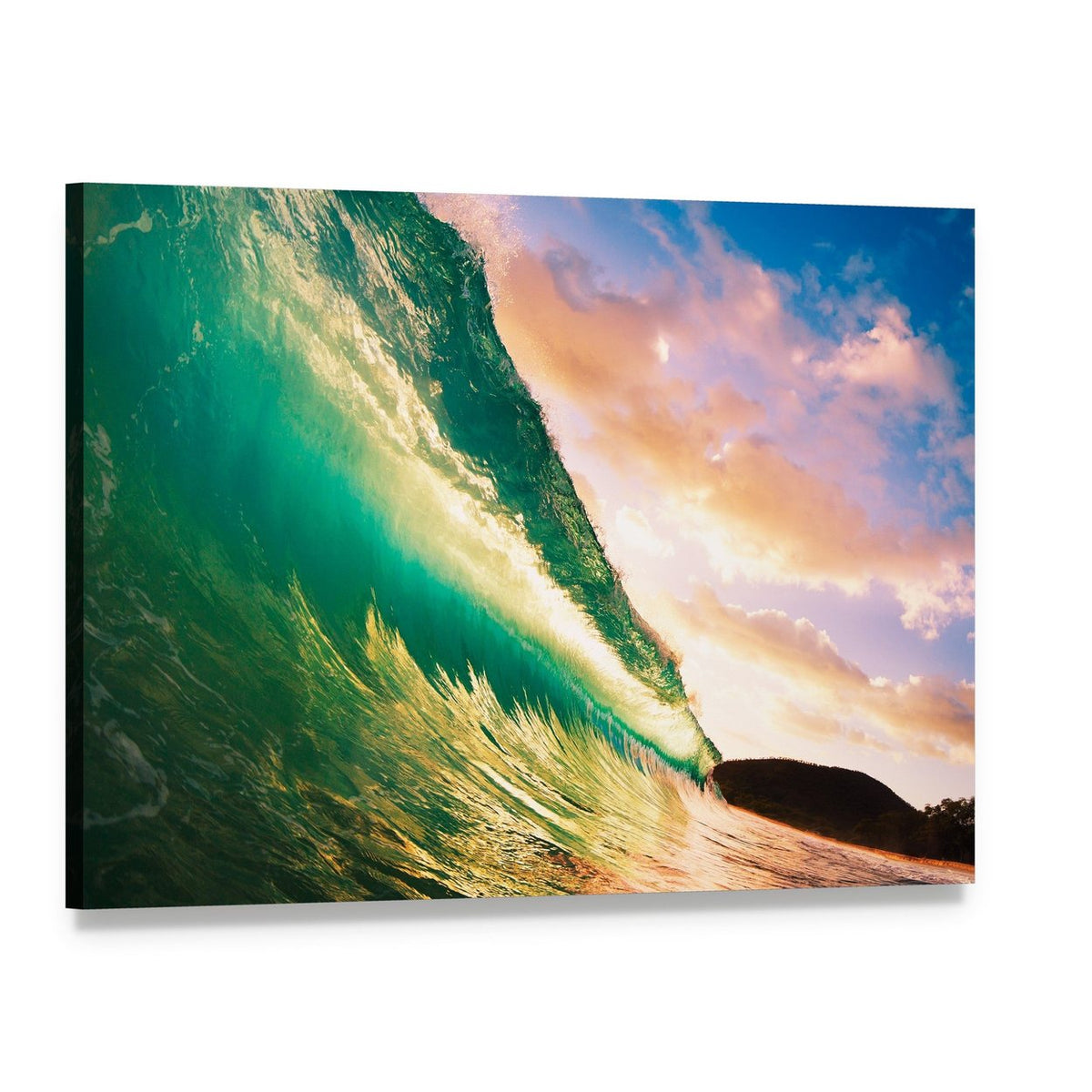 Sunset Ocean Wave Canvas Wall Art, single panel gallery wrapped canvas, angled product view