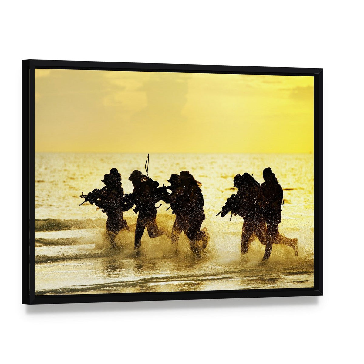 Soldiers Running in Water Canvas Wall Art, framed canvas in a black floater frame, angled product view