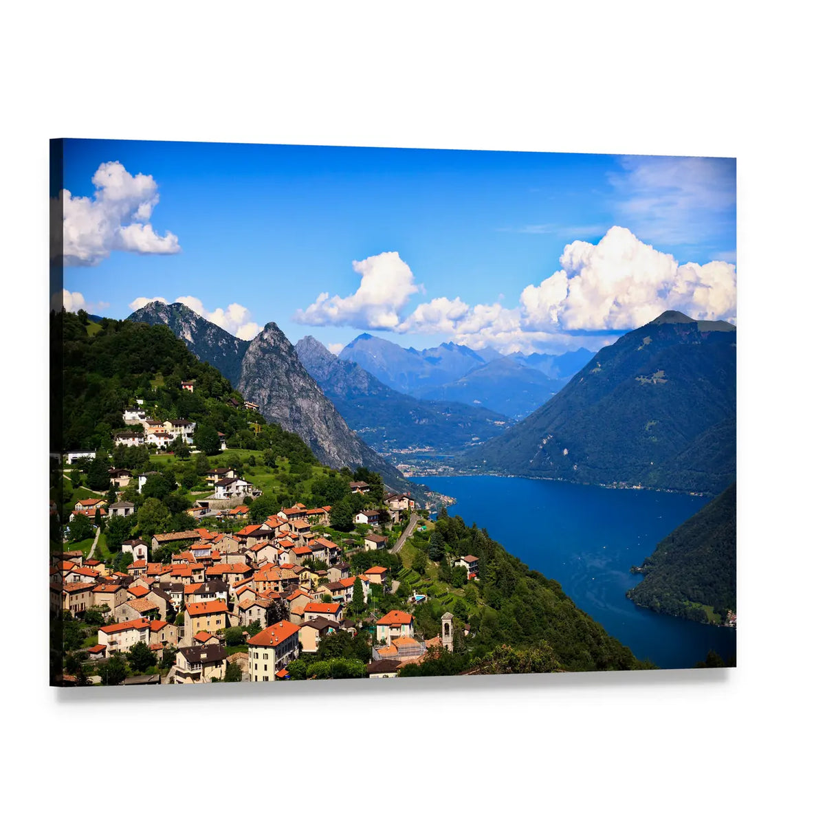 Lugano Lakeside Village with Alpine Scenery Canvas Wall Art, single panel gallery wrapped canvas, angled product view