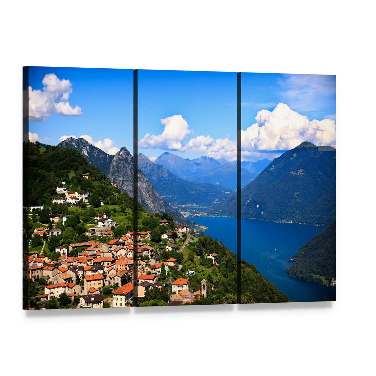 Lugano Lakeside Village with Alpine Scenery Canvas Wall Art, 3 panel 3 Horizontal layout gallery wrapped canvas set, angled product view
