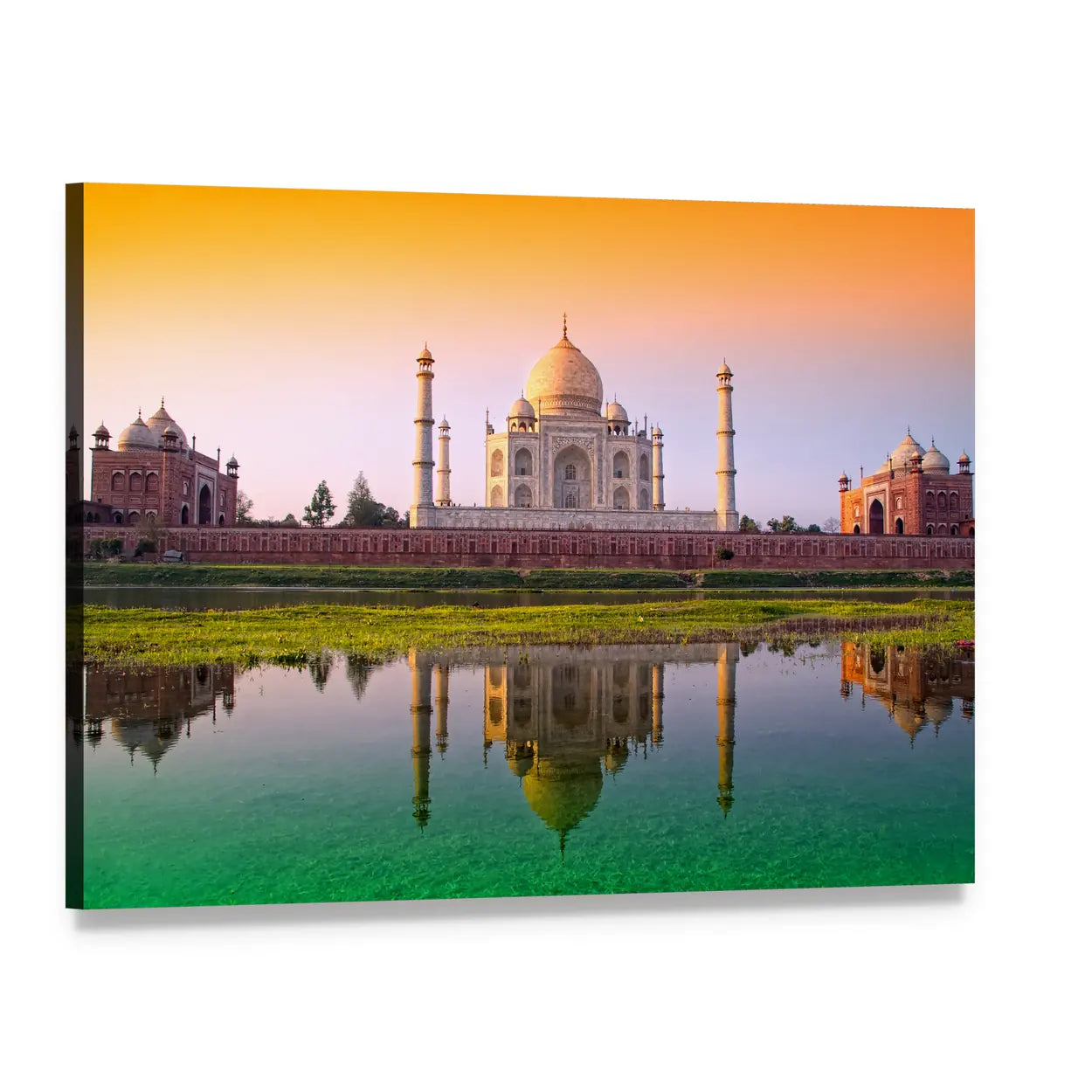 Taj Mahal with Symmetrical Reflection at Sunset Canvas Wall Art, single panel gallery wrapped canvas, angled product view