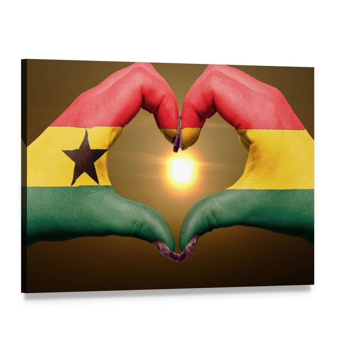 Hands Forming Ghana Flag Heart Canvas Wall Art, single panel gallery wrapped canvas, angled product view