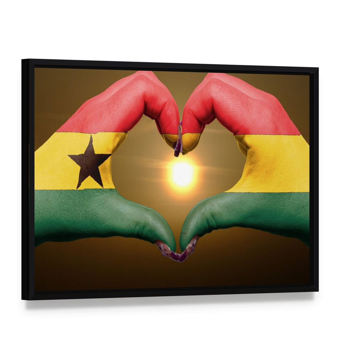 Hands Forming Ghana Flag Heart Canvas Wall Art, framed canvas in a black floater frame, angled product view
