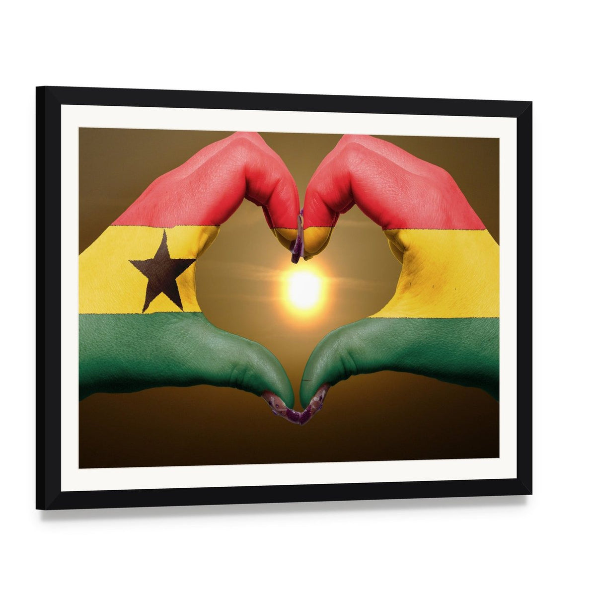 Hands Forming Ghana Flag Heart Canvas Wall Art, framed print with white mat and black frame, angled product view
