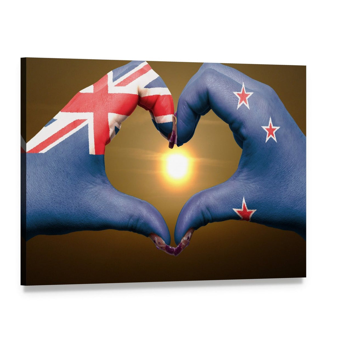 Hands Forming Heart with New Zealand Flag Canvas Wall Art, single panel gallery wrapped canvas, angled product view