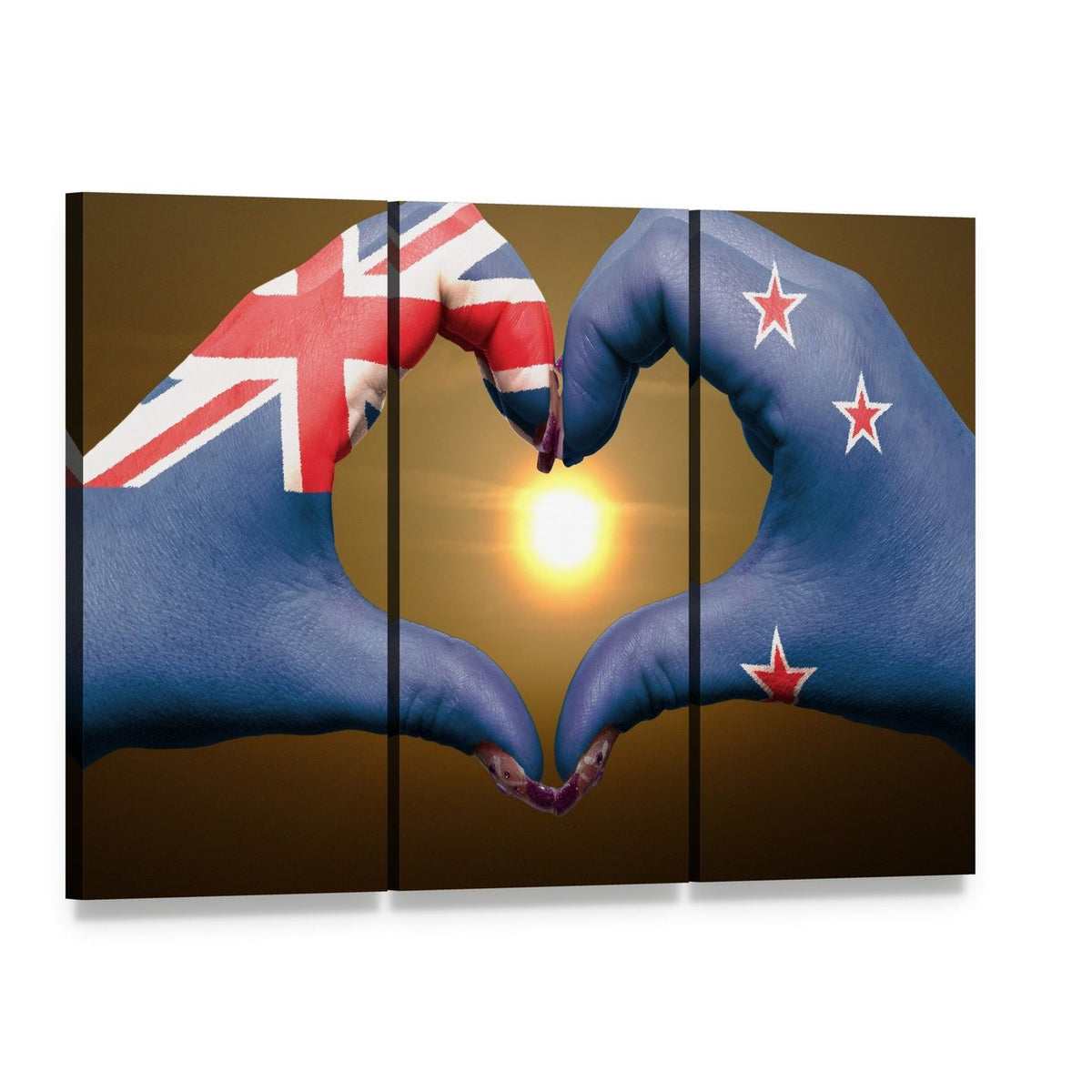 Hands Forming Heart with New Zealand Flag Canvas Wall Art, 3 panel 3 Horizontal layout gallery wrapped canvas set, angled product view
