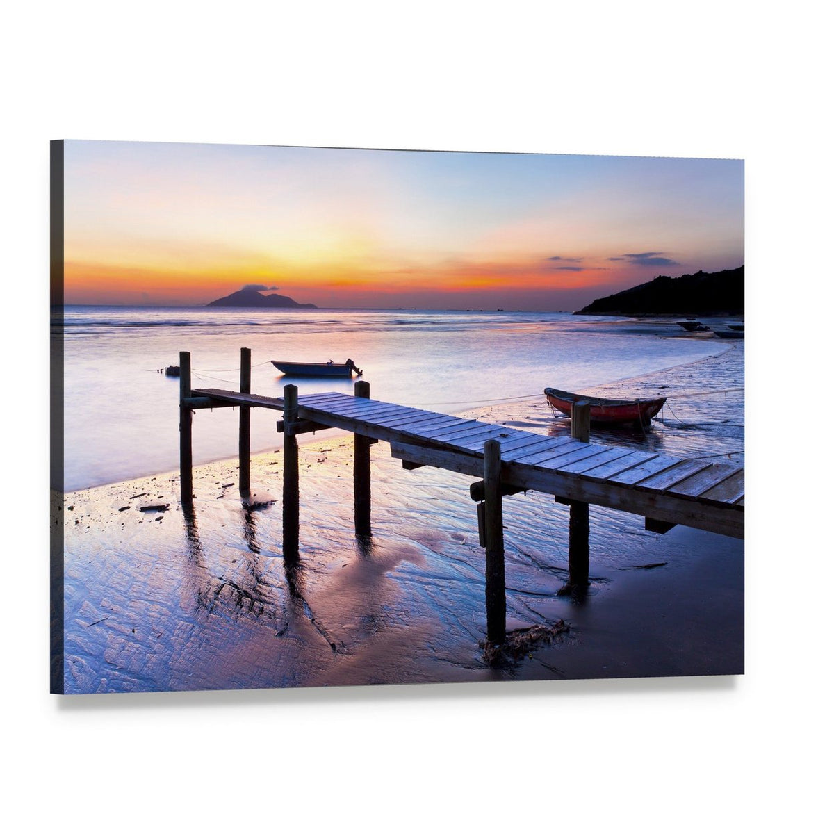 Tranquil Sunset at Wooden Pier Canvas Wall Art, single panel gallery wrapped canvas, angled product view