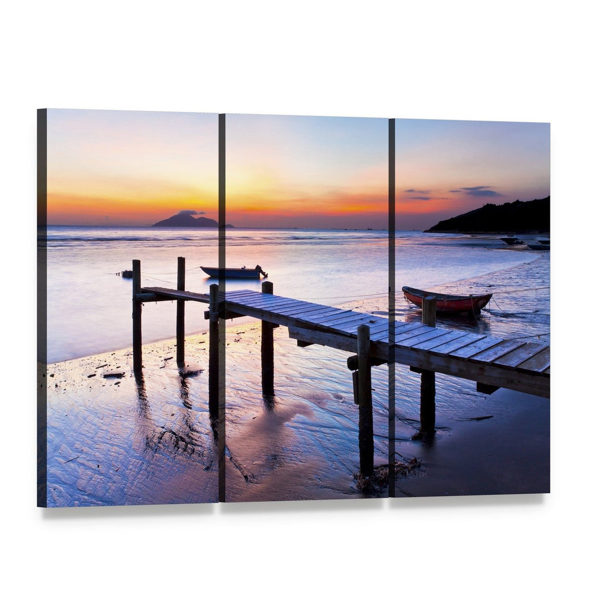 Tranquil Sunset at Wooden Pier Canvas Wall Art, 3 panel 3 Horizontal layout gallery wrapped canvas set, angled product view