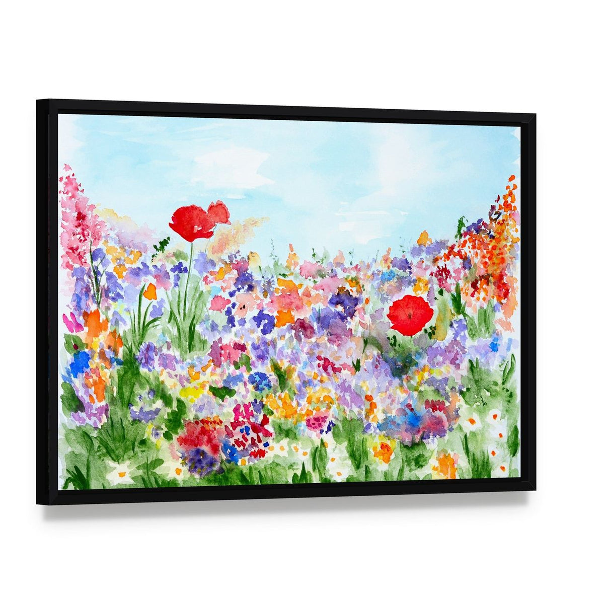 Summer Flowers in Garden Canvas Wall Art, framed canvas in a black floater frame, angled product view