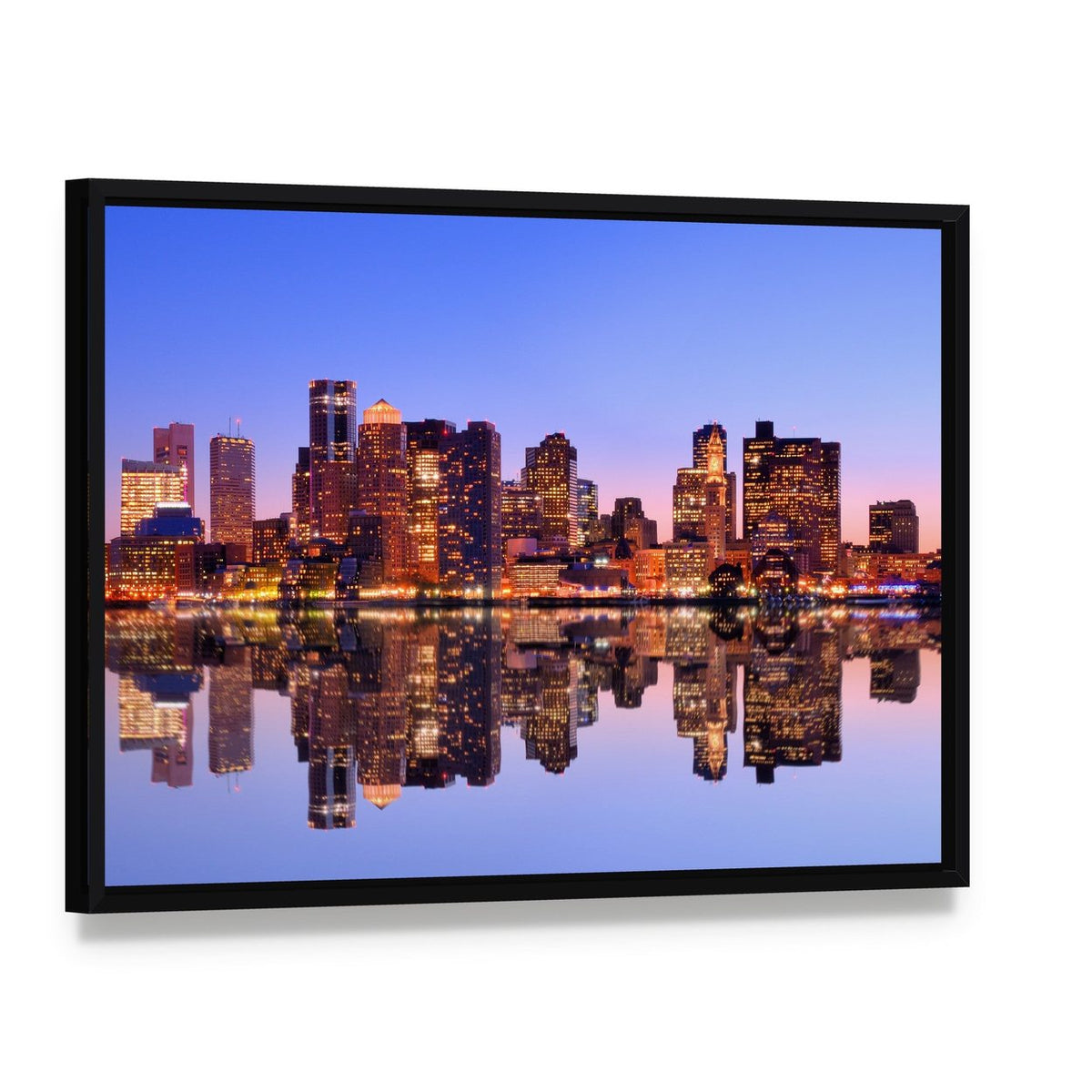 Financial District Boston Canvas Wall Art, framed canvas in a black floater frame, angled product view