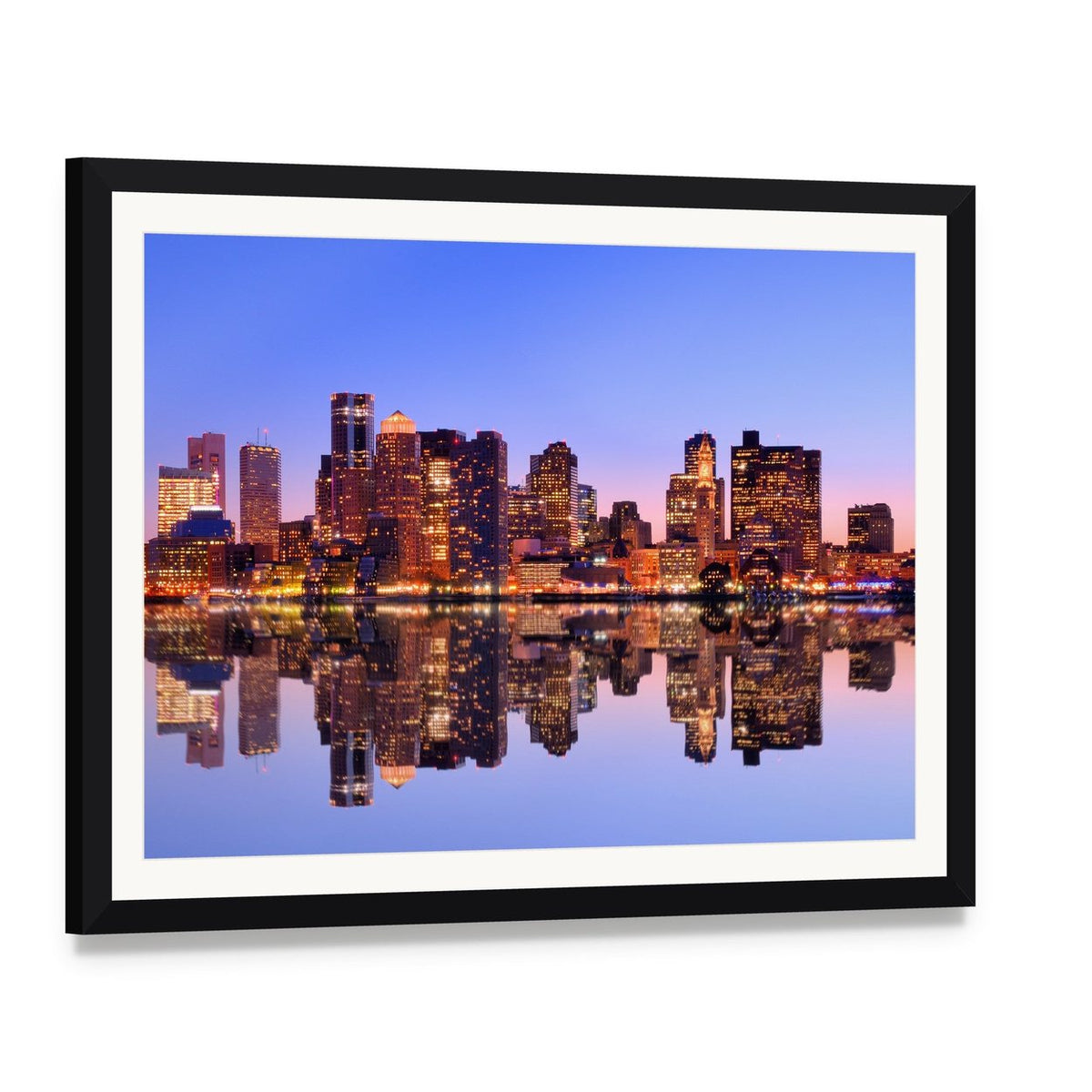 Financial District Boston Canvas Wall Art, framed print with white mat and black frame, angled product view