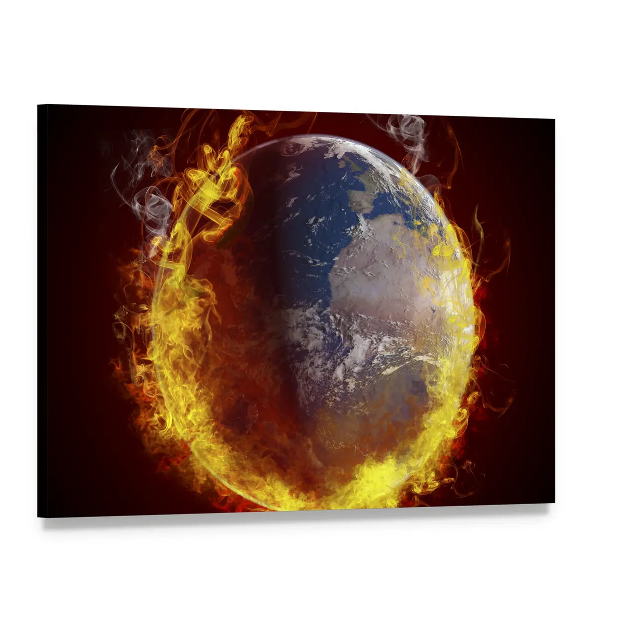 Burning Planet Earth Canvas Wall Art, single panel gallery wrapped canvas, angled product view