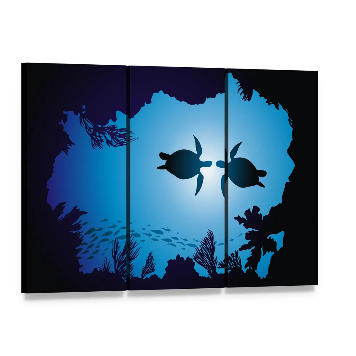 Floating Sea Turtles Canvas Wall Art, 3 panel 3 Horizontal layout gallery wrapped canvas set, angled product view