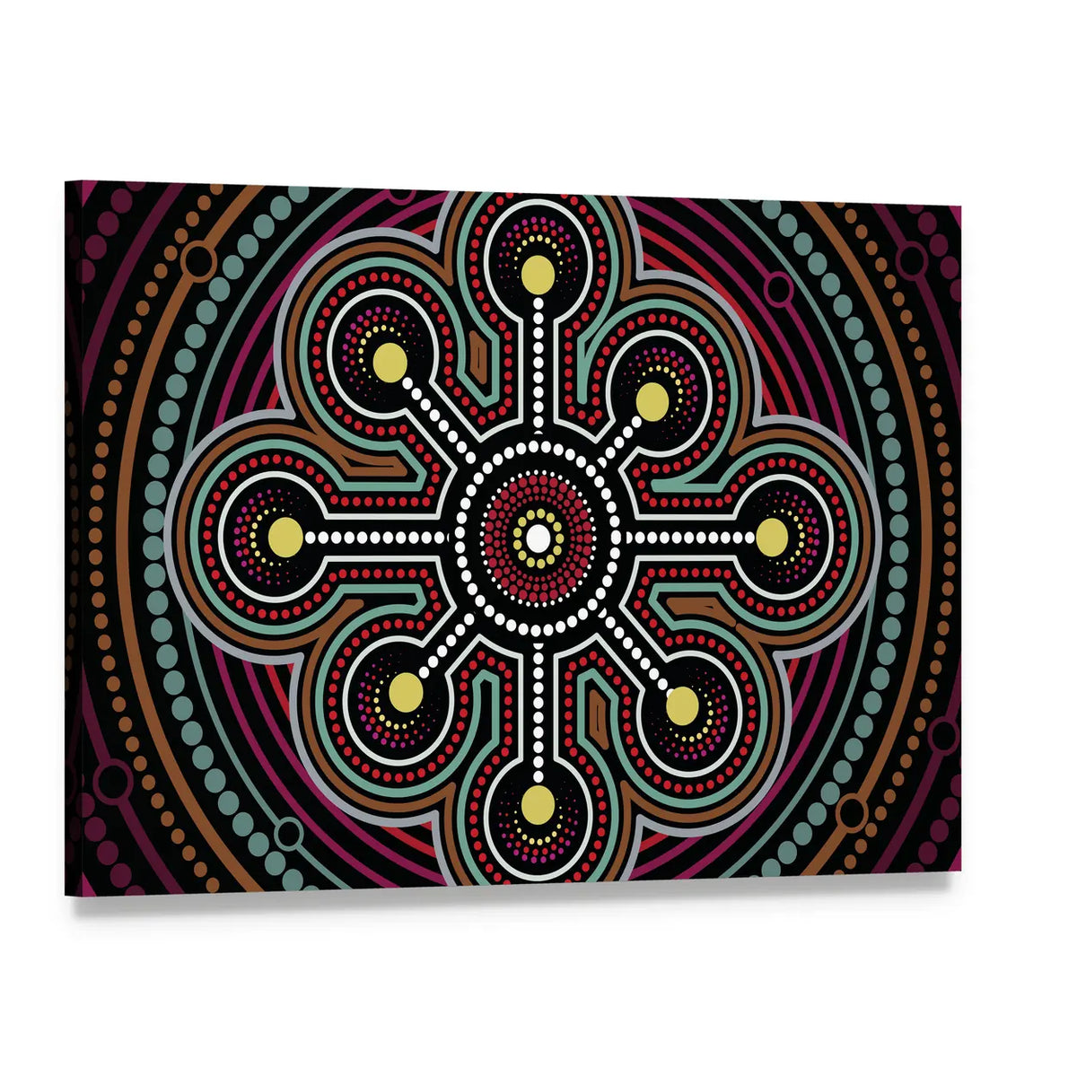 Aboriginal Dot Mandala Design Canvas Wall Art, single panel gallery wrapped canvas, angled product view
