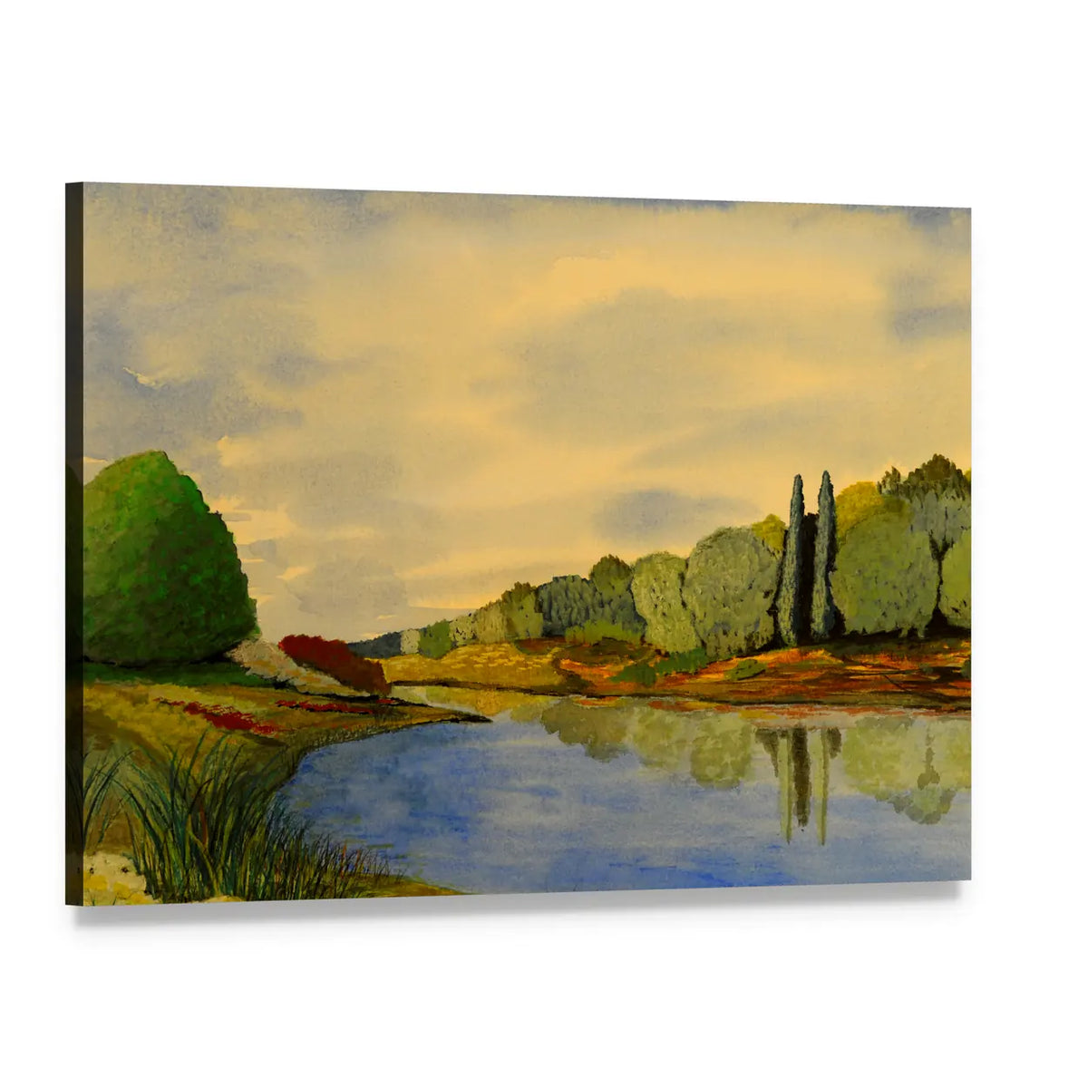 Golden River Bend Watercolor Canvas Wall Art, single panel gallery wrapped canvas, angled product view