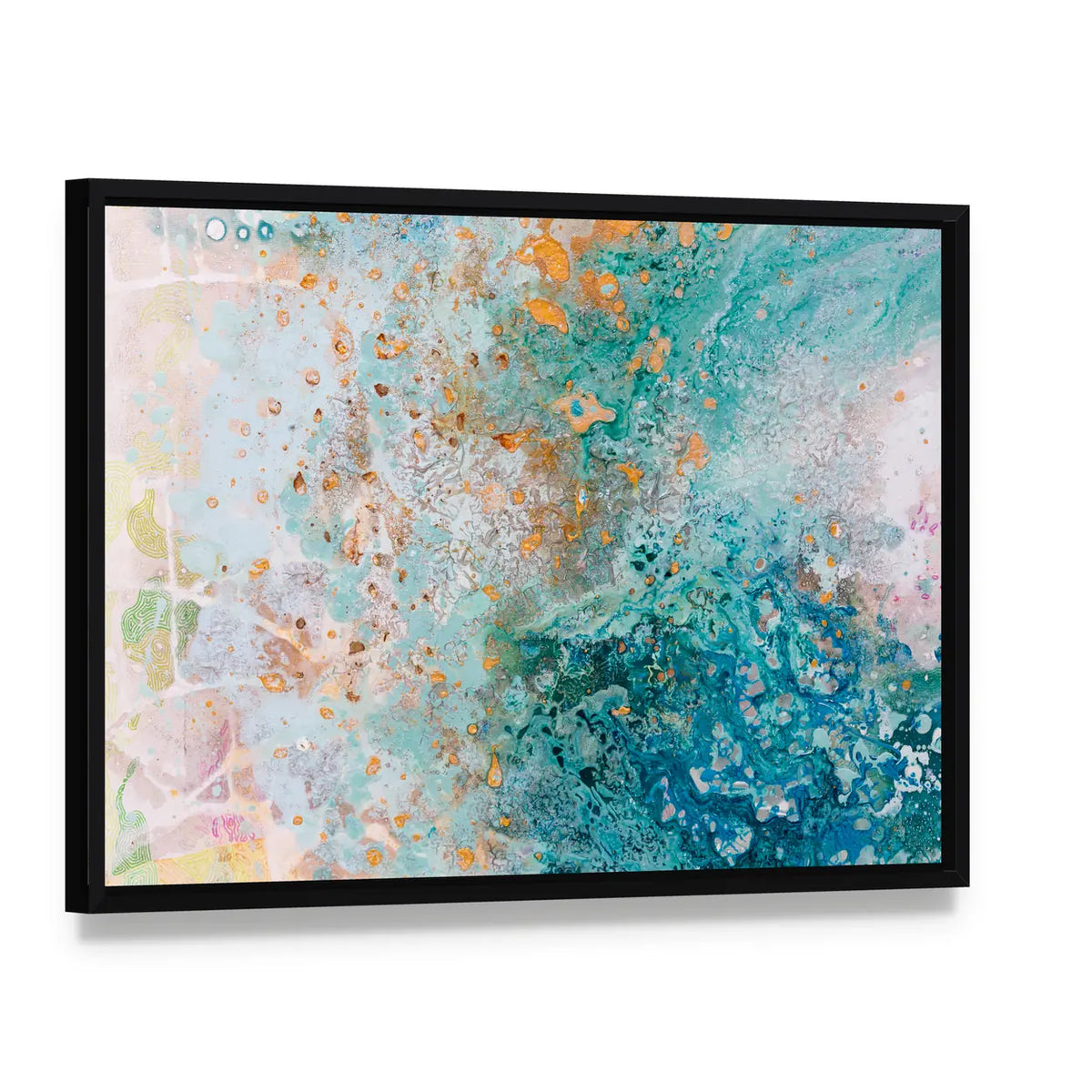 Hand Painted Sea Beach Canvas Wall Art, framed canvas in a black floater frame, angled product view