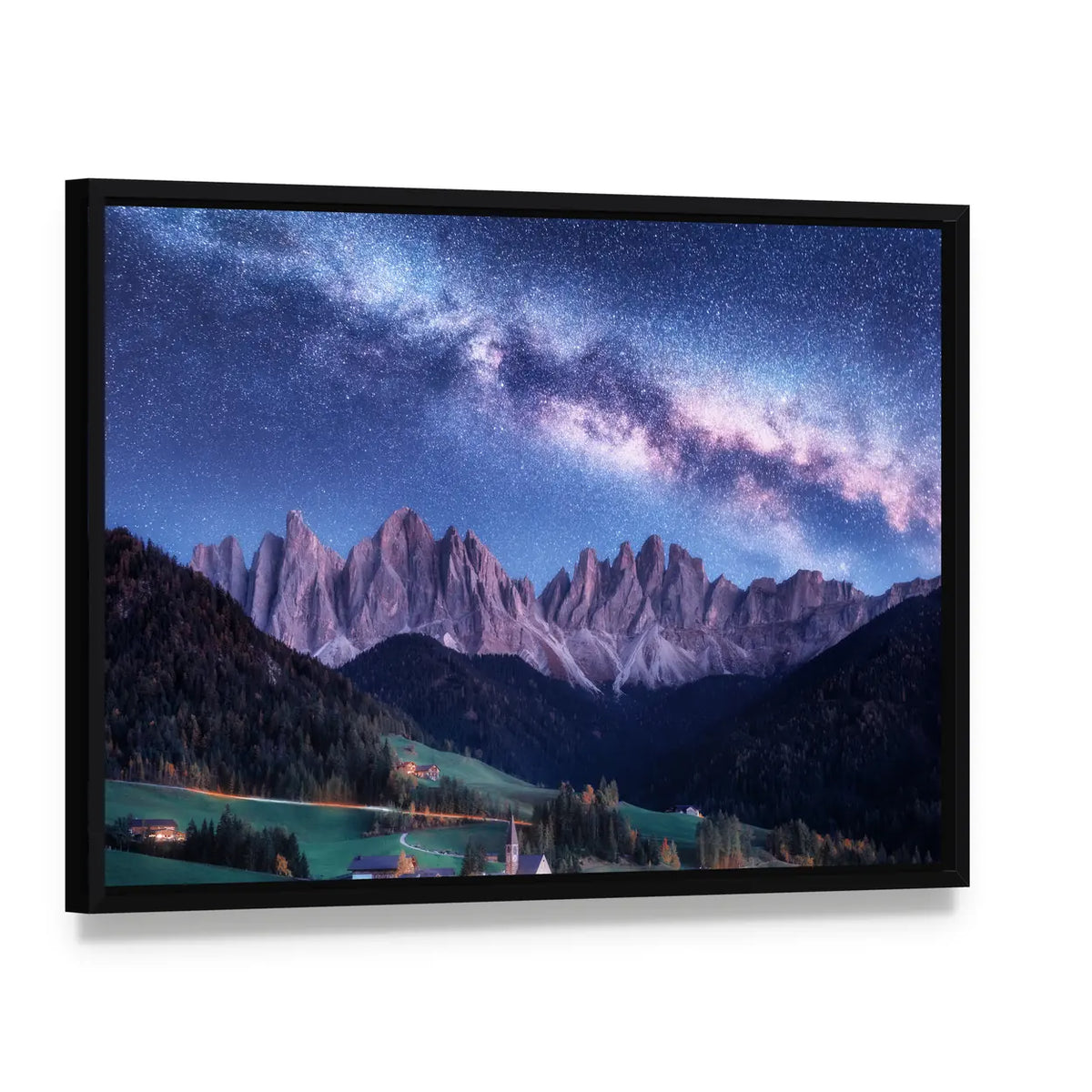 Santa Maddalena And Milky Way In Italy Canvas Wall Art, framed canvas in a black floater frame, angled product view