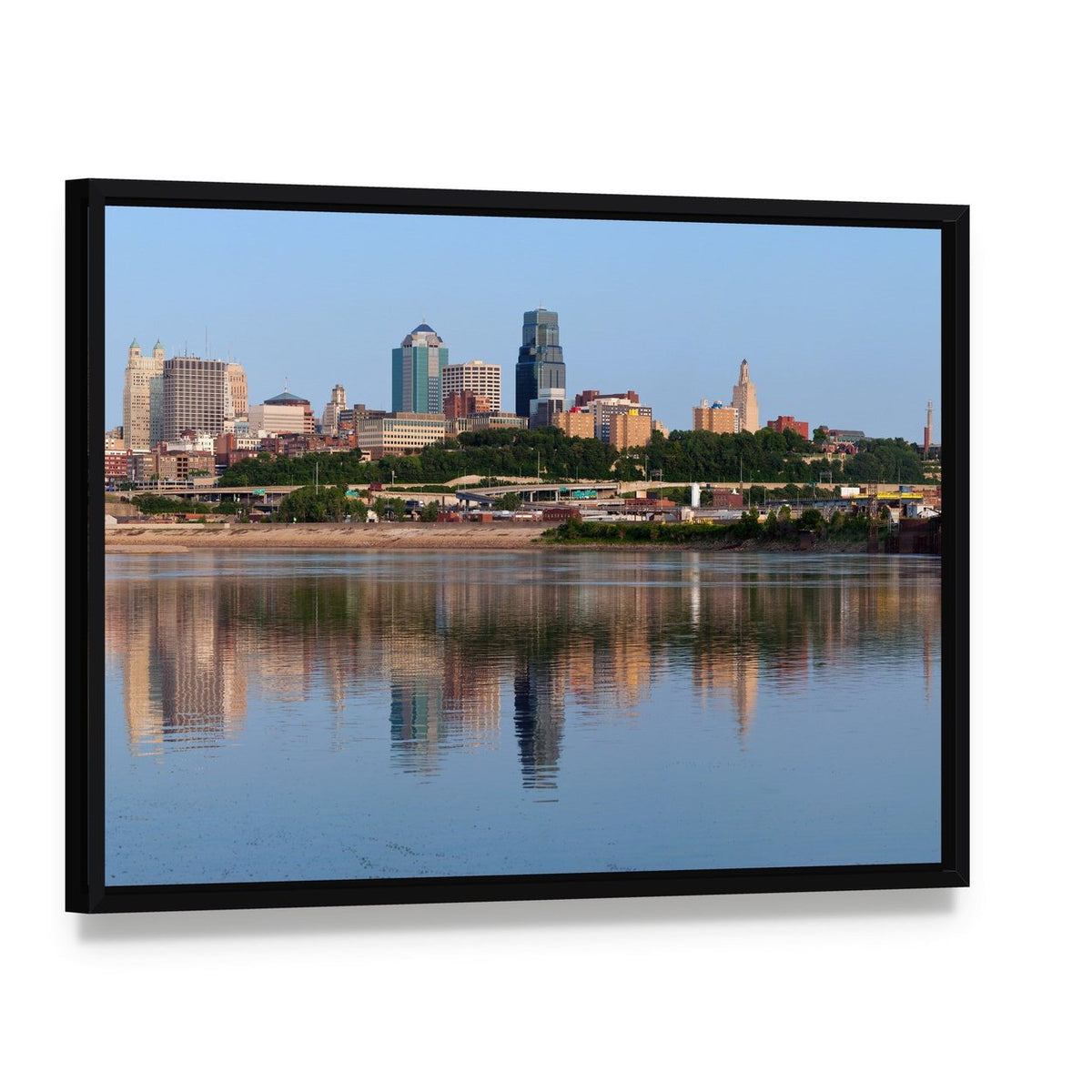 Kansas City Skyline Canvas Wall Art, framed canvas in a black floater frame, angled product view