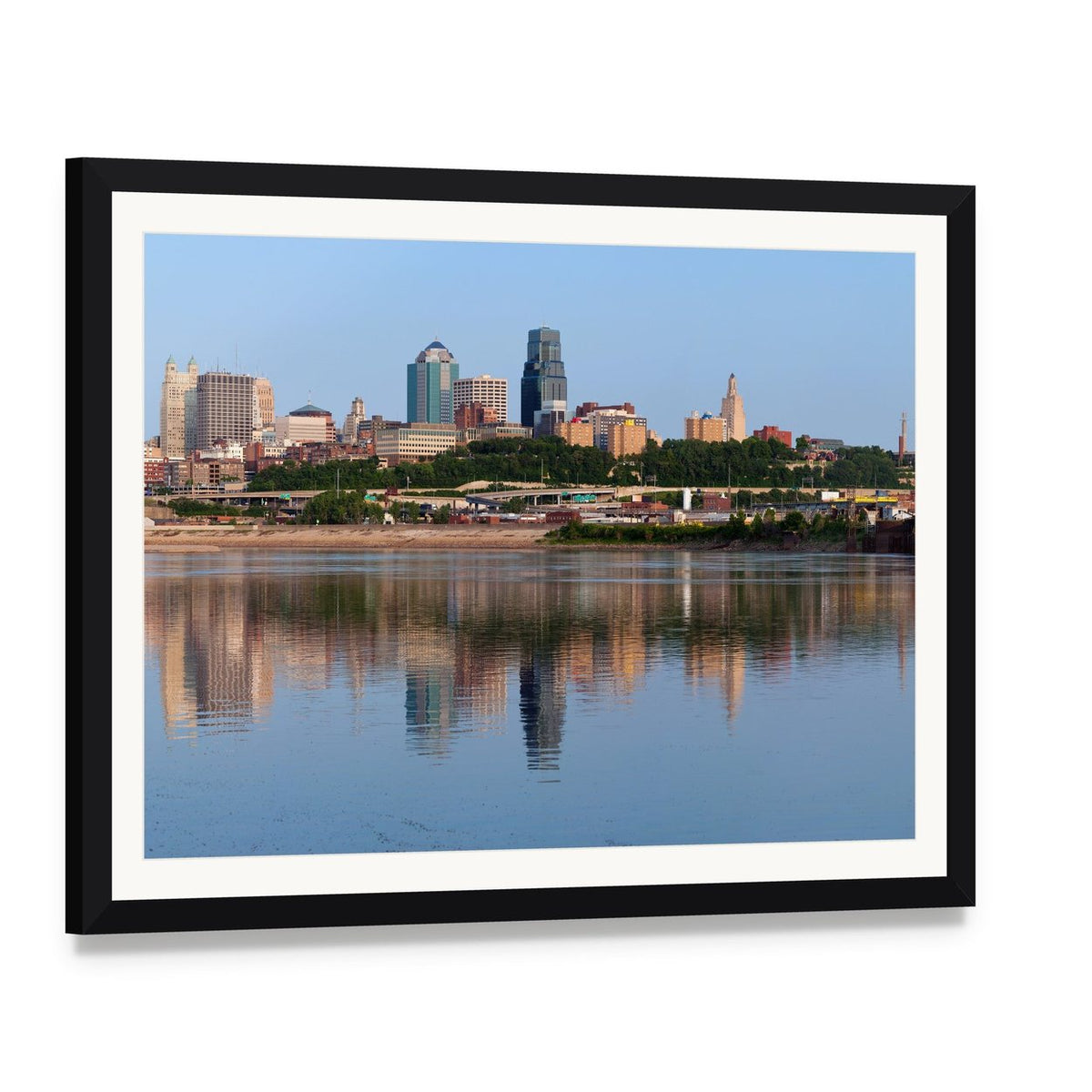 Kansas City Skyline Canvas Wall Art, framed print with white mat and black frame, angled product view