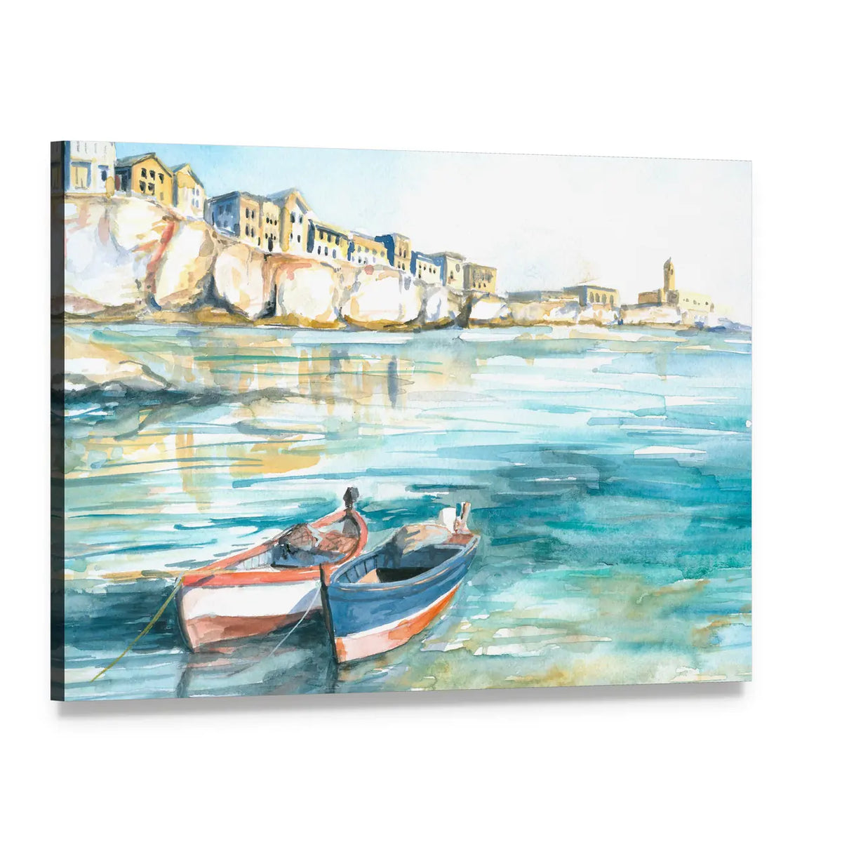 Two Rowboats in Sunny Coastal Watercolor Canvas Wall Art, single panel gallery wrapped canvas, angled product view