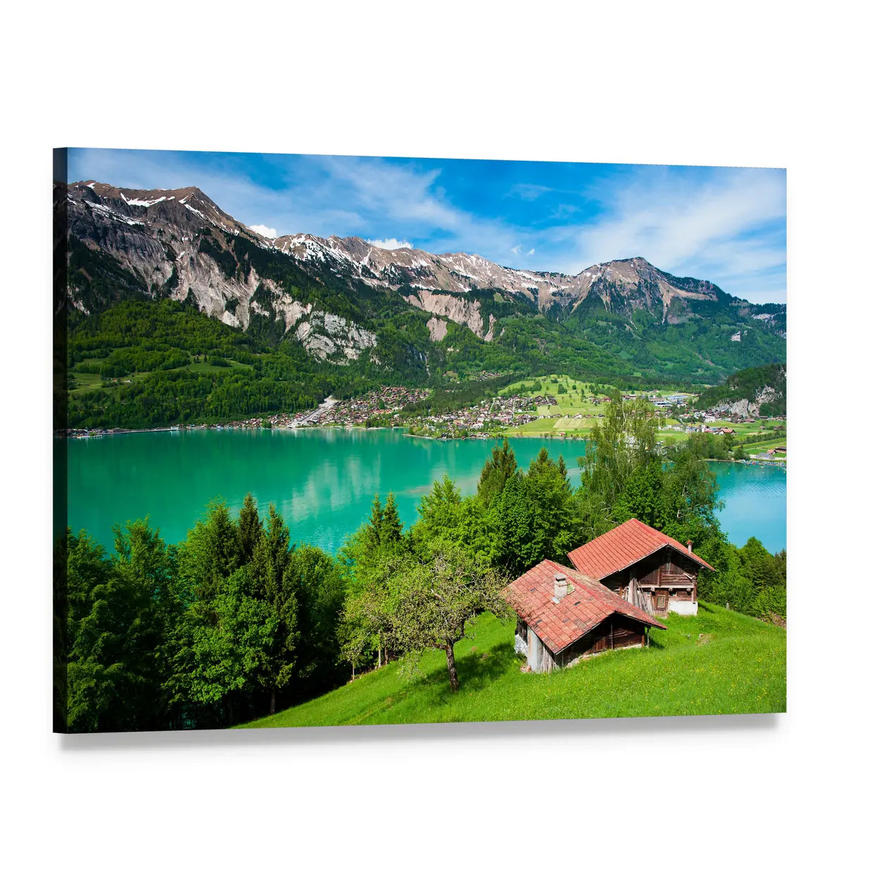 Lake Brienz Alpine Village Canvas Wall Art, single panel gallery wrapped canvas, angled product view